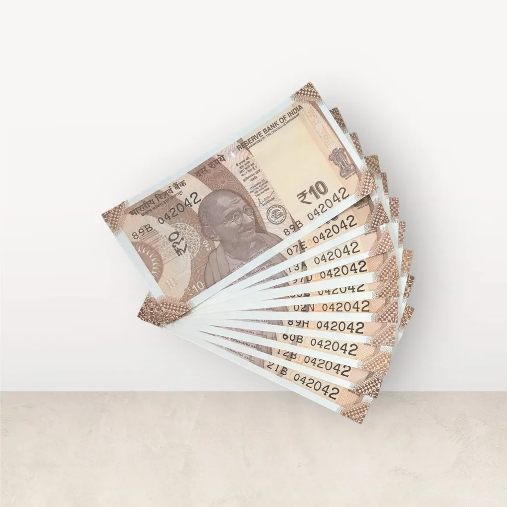 Rs 10/- India Bank Note Semi Fancy 10 Note Same Number Set 042042 Unique and Rare