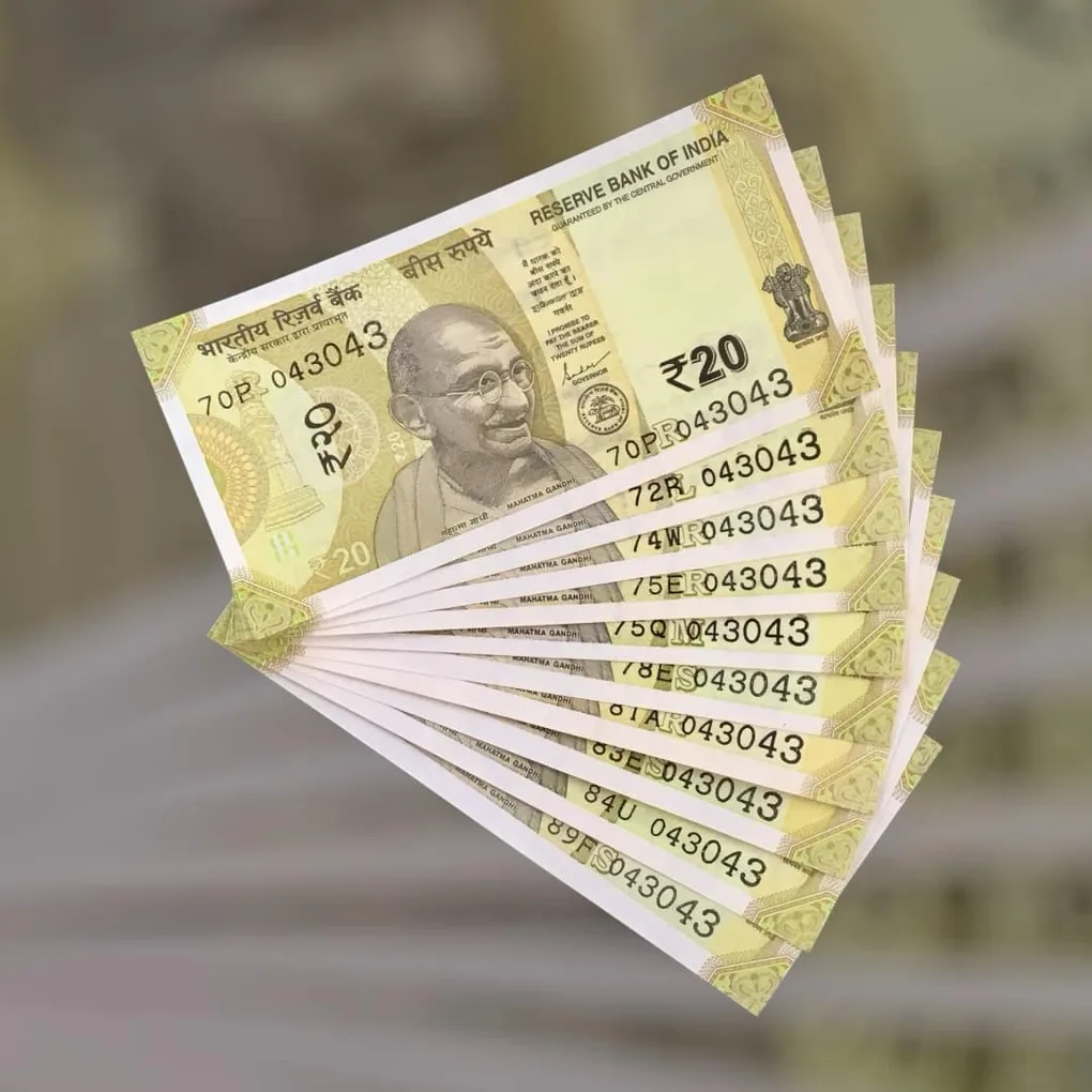 Rs 20 India Bank Note Semi Fancy 10 Note Same Number Sets 043043 Unique and Rare