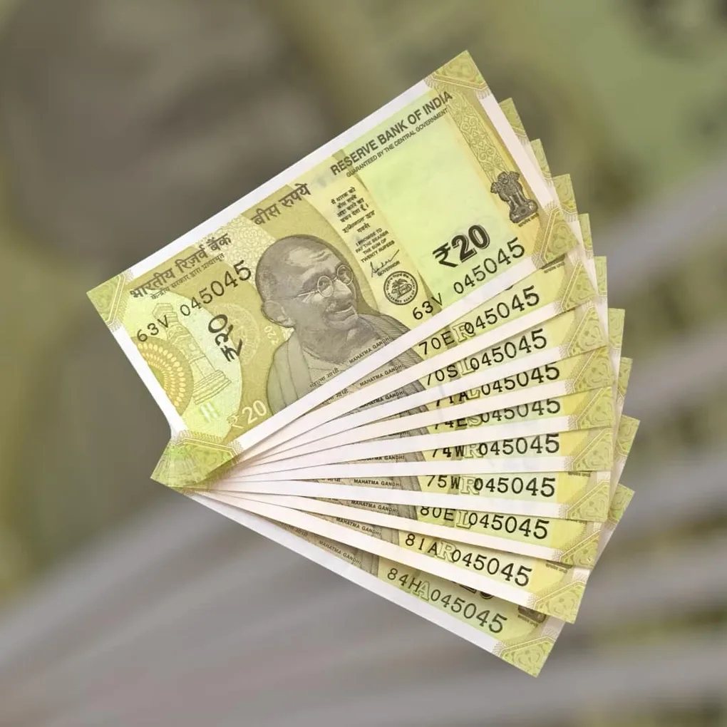 Rs 20 India Bank Note Semi Fancy 10 Note Same Number Sets 045045 Unique and Rare