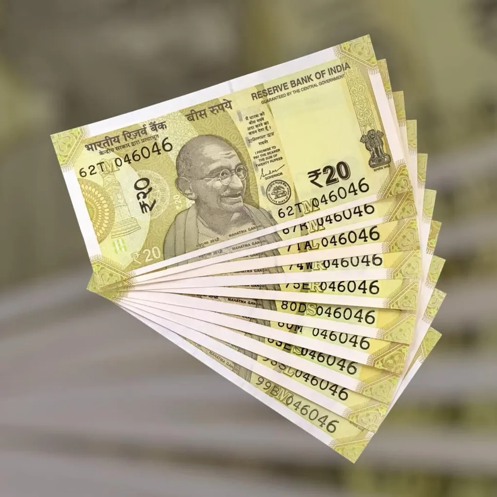 Rs 20 India Bank Note Semi Fancy 10 Note Same Number Sets 046046 Unique and Rare