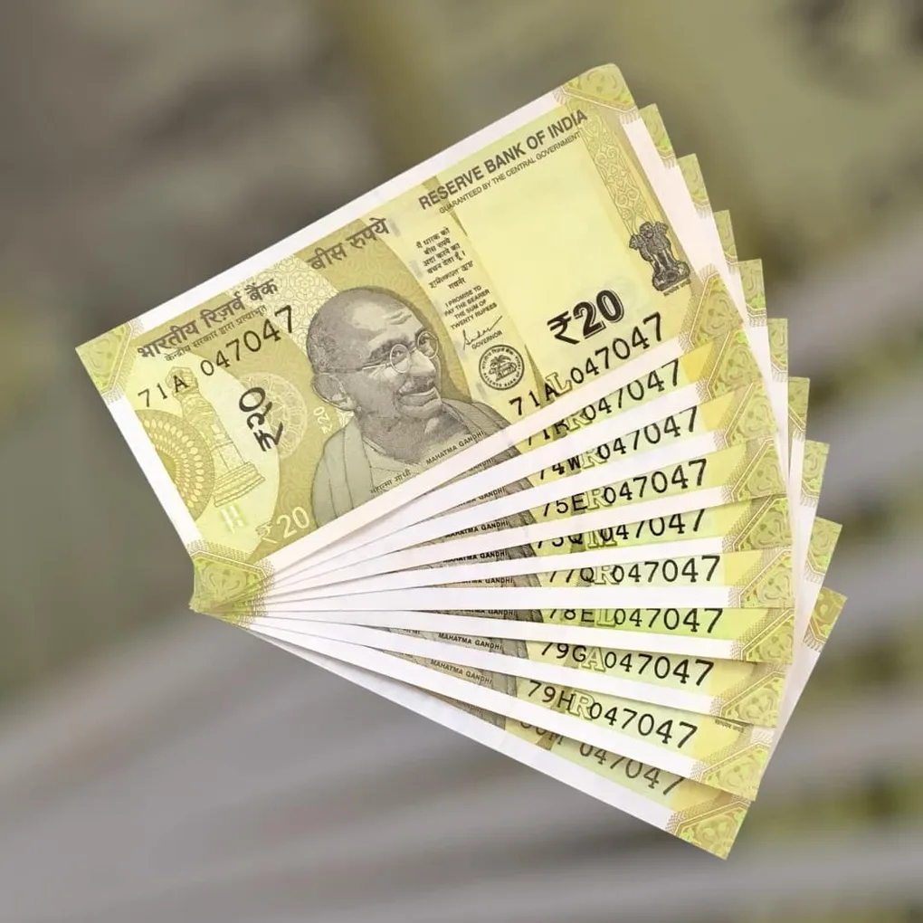 Rs 20 India Bank Note Semi Fancy 10 Note Same Number Sets 047047 Unique and Rare