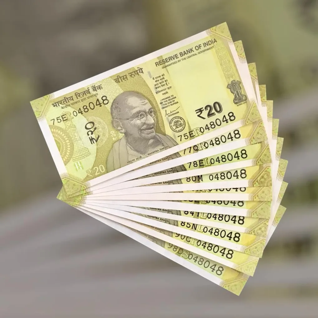 Rs 20 India Bank Note Semi Fancy 10 Note Same Number Sets 048048 Unique and Rare