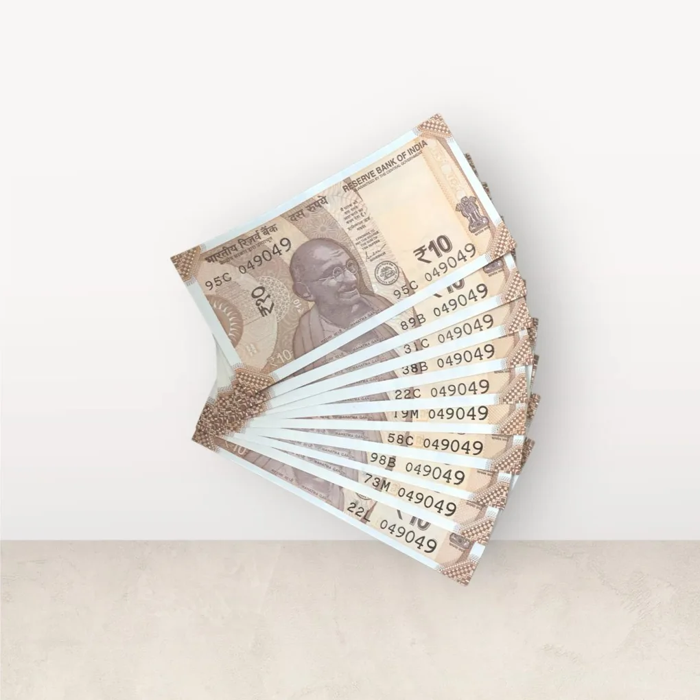 Rs 10/- India Bank Note Semi Fancy 10 Note Same Number Set 049049 Unique and Rare