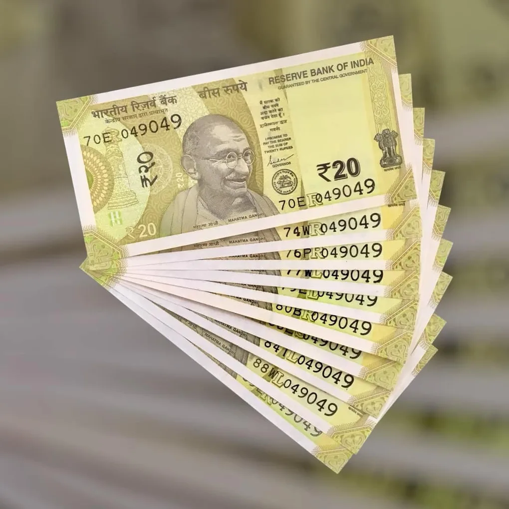 Rs 20 India Bank Note Semi Fancy 10 Note Same Number Sets 049049 Unique and Rare