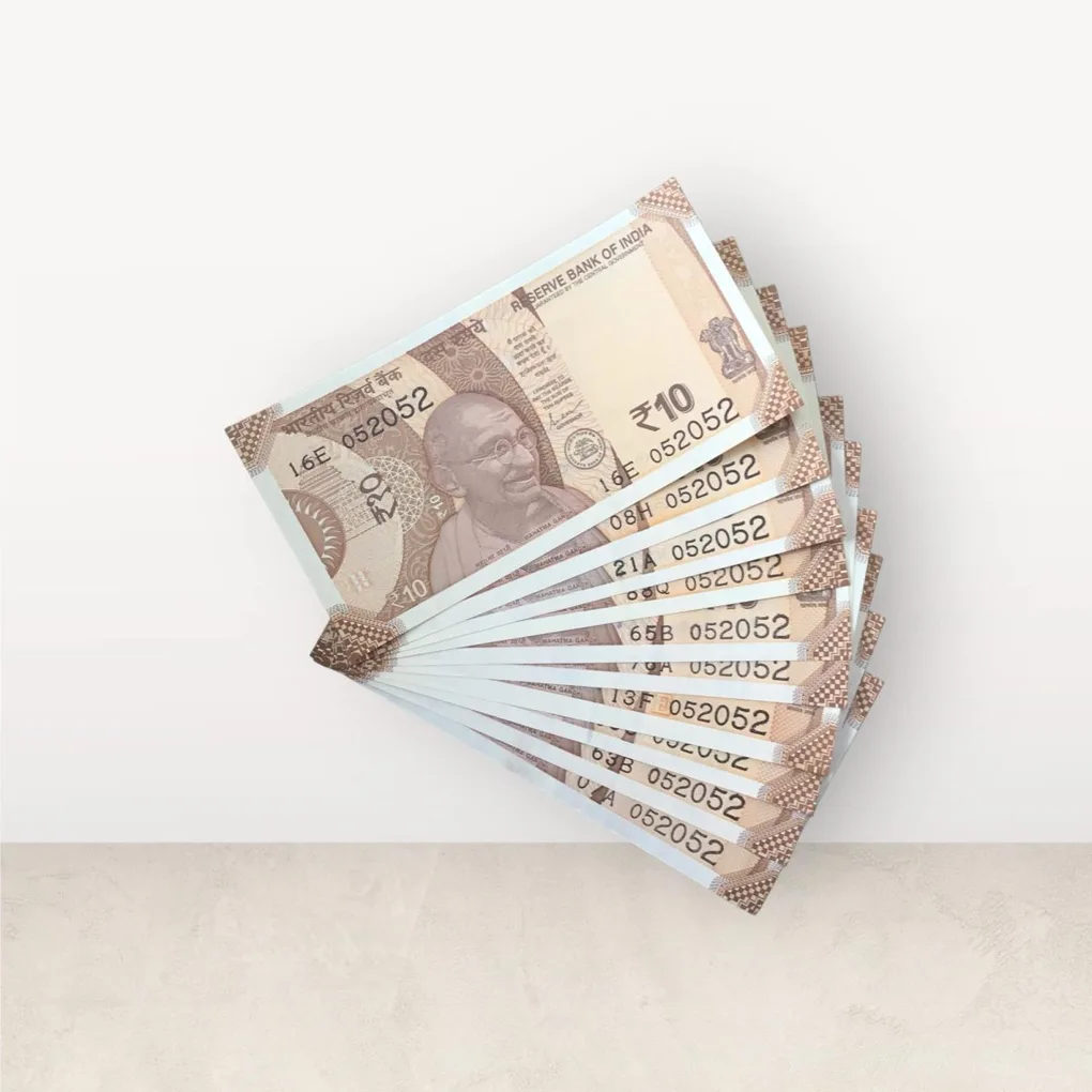 Rs 10/- India Bank Note Semi Fancy 10 Note Same Number Set 052052 Unique and Rare