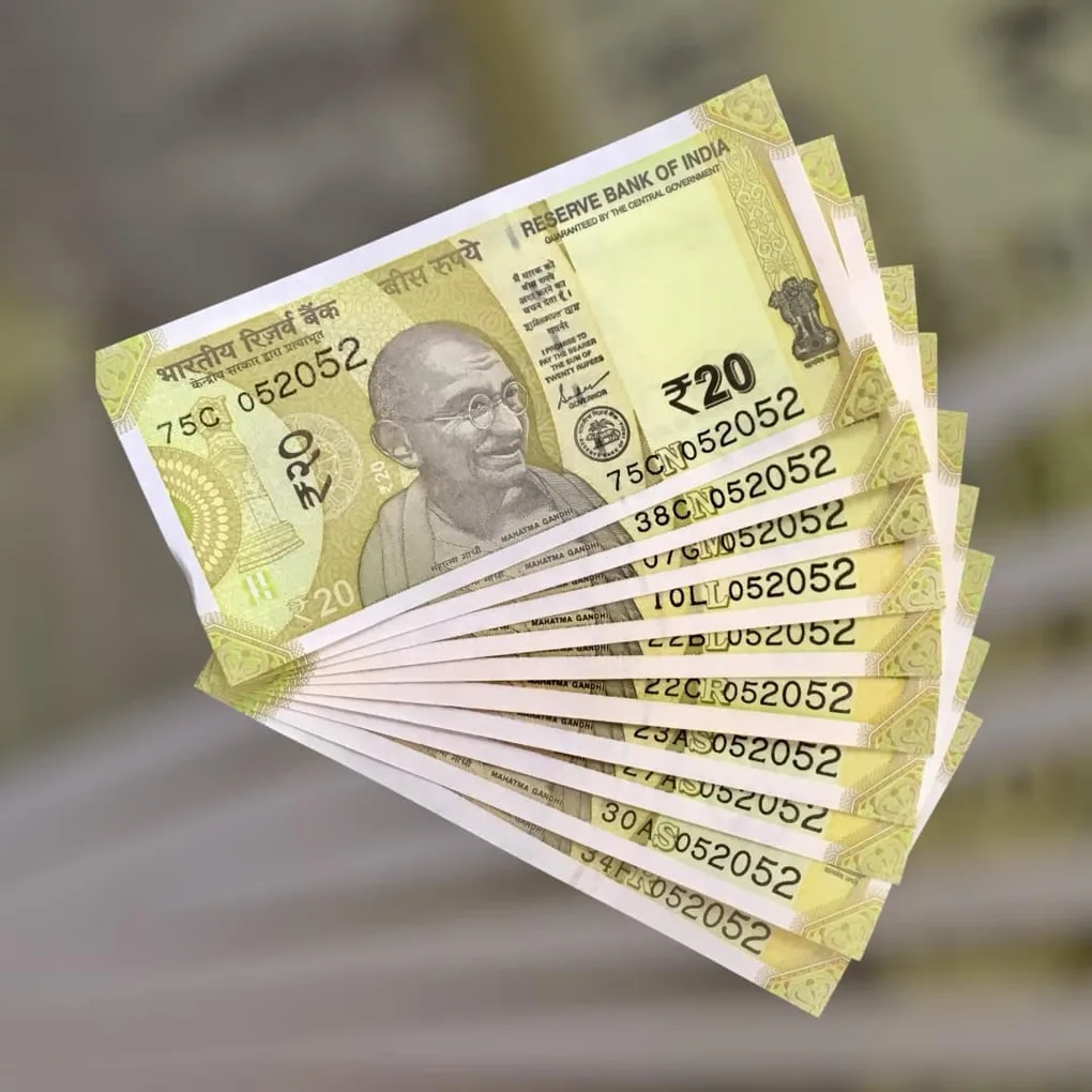 Rs 20 India Bank Note Semi Fancy 10 Note Same Number Sets 052052 Unique and Rare