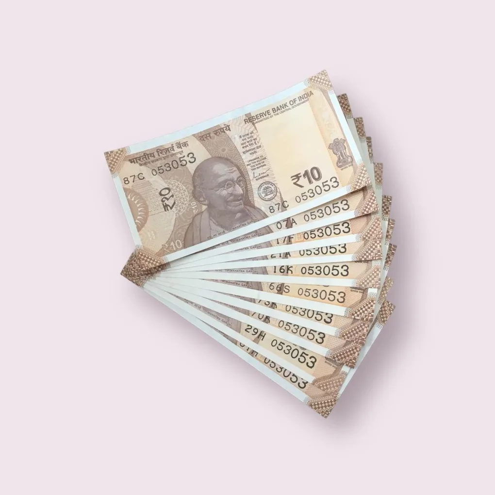 Rs 10/- India Bank Note Semi Fancy 10 Note Same Number Set 053053 Unique and Rare