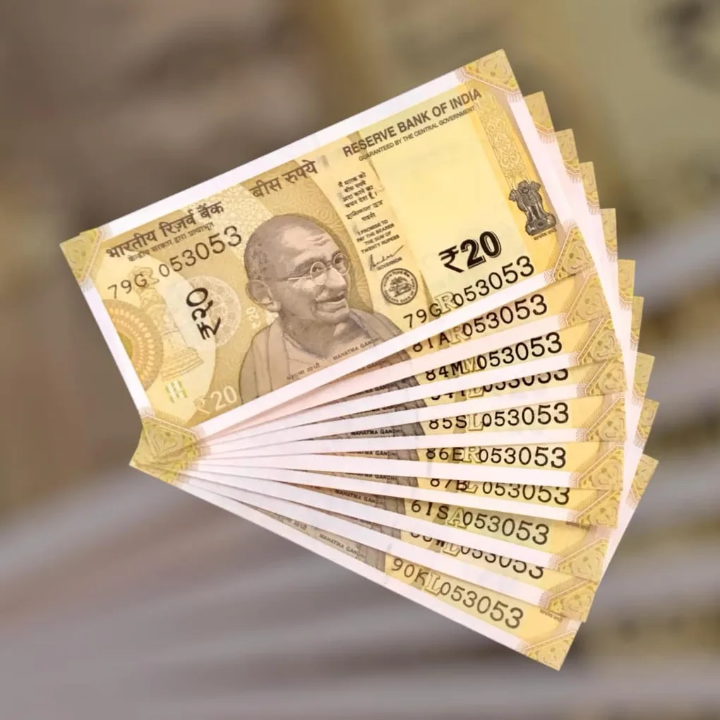 Rs 20 India Bank Note Semi Fancy 10 Note Same Number Sets 053053 Unique and Rare