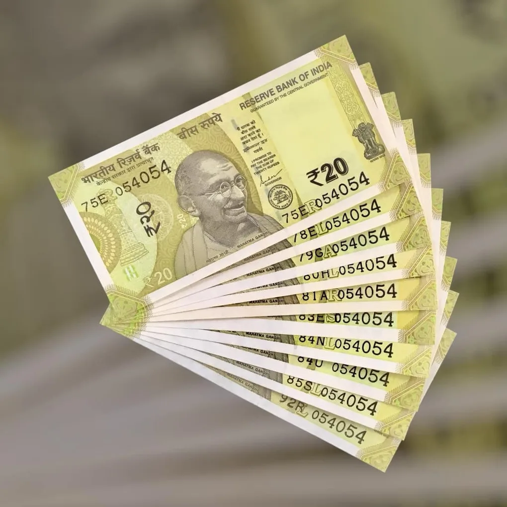 Rs 20 India Bank Note Semi Fancy 10 Note Same Number Sets 054054 Unique and Rare