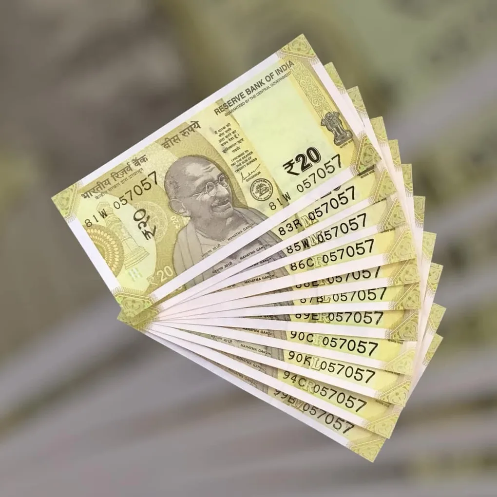 Rs 20 India Bank Note Semi Fancy 10 Note Same Number Sets 057057 Unique and Rare