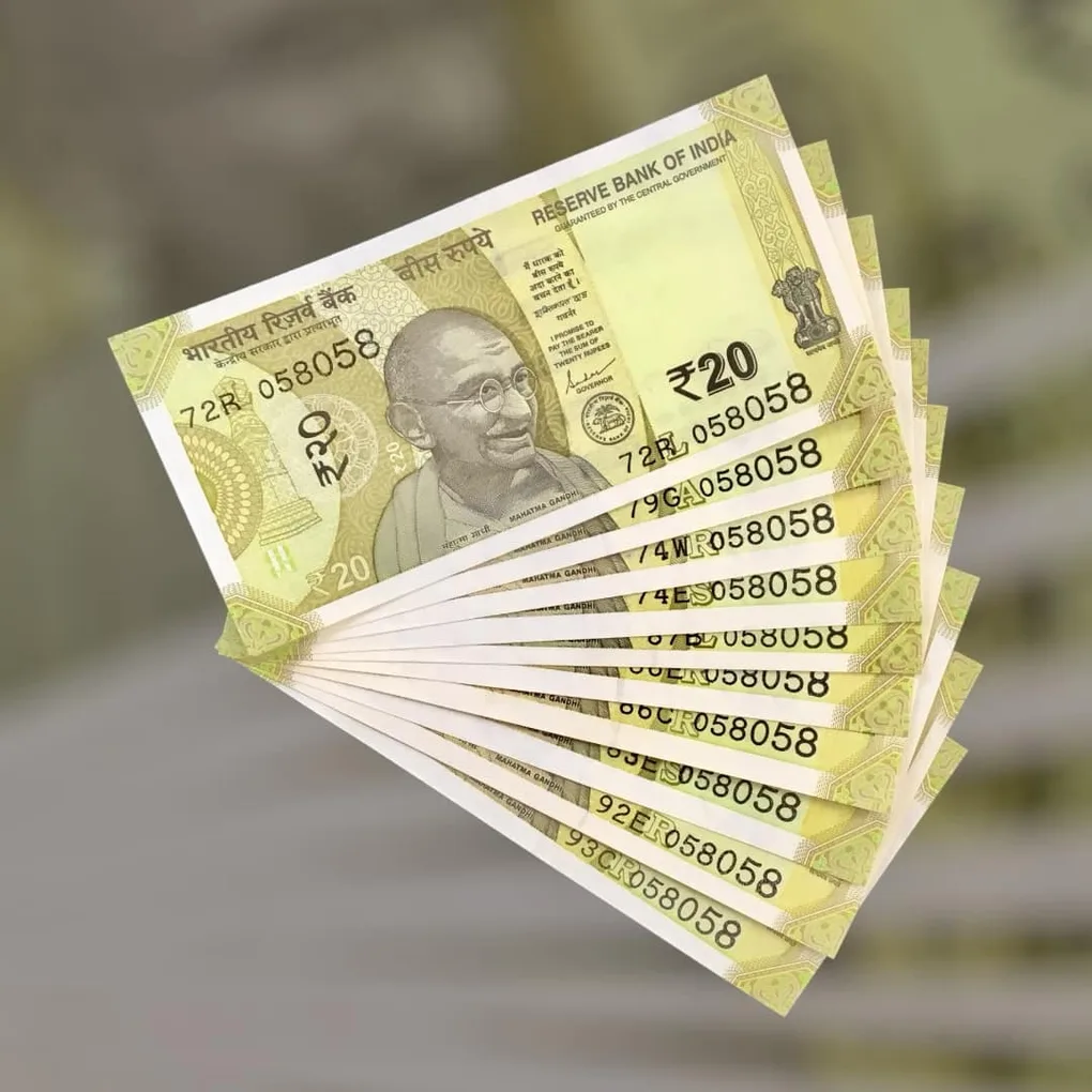 Rs 20 India Bank Note Semi Fancy 10 Note Same Number Sets 058058 Unique and Rare