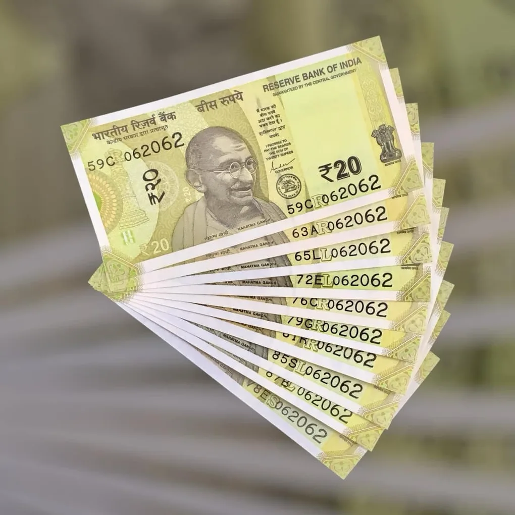 Rs 20 India Bank Note Semi Fancy 10 Note Same Number Sets 062062 Unique and Rare