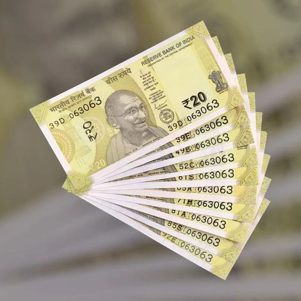 Rs 20 India Bank Note Semi Fancy 10 Note Same Number Sets 063063 Unique and Rare