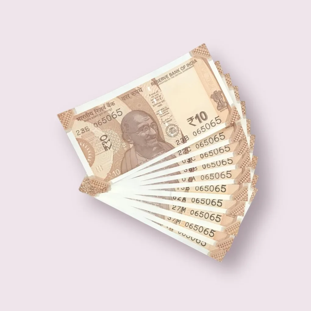 Rs 10/- India Bank Note Semi Fancy 10 Note Same Number Set 065065 Unique and Rare