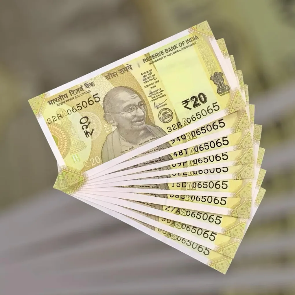 Rs 20 India Bank Note Semi Fancy 10 Note Same Number Sets 065065 Unique and Rare