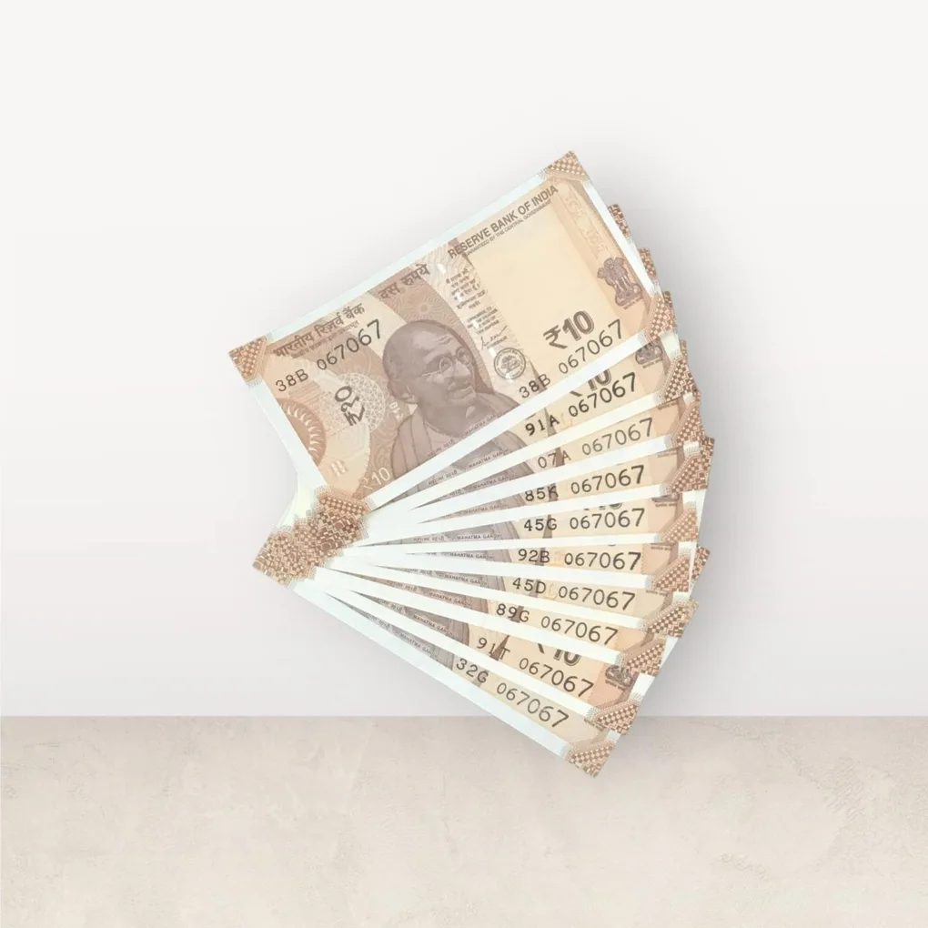 Rs 10/- India Bank Note Semi Fancy 10 Note Same Number Set 067067 Unique and Rare