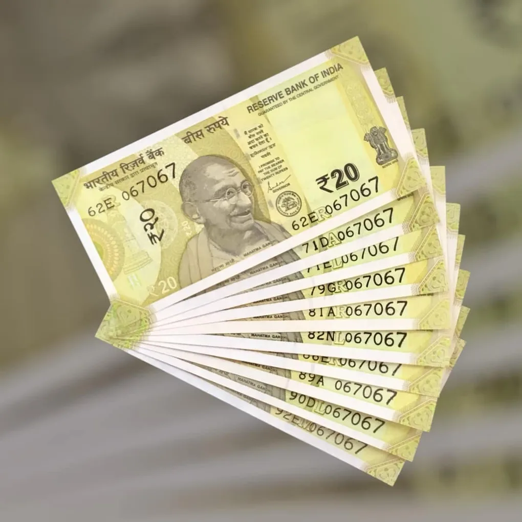 Rs 20 India Bank Note Semi Fancy 10 Note Same Number Sets 067067 Unique and Rare