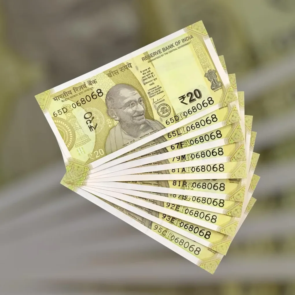 Rs 20 India Bank Note Semi Fancy 10 Note Same Number Sets 068068 Unique and Rare