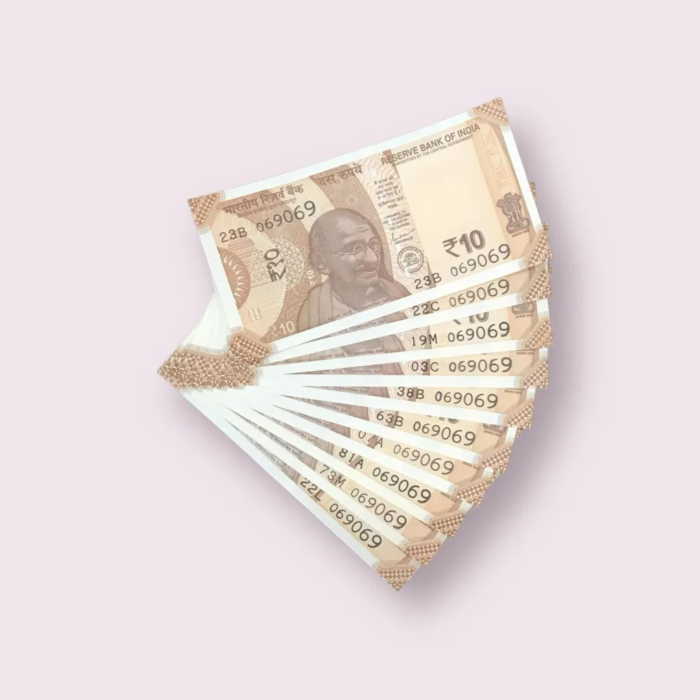 Rs 10/- India Bank Note Semi Fancy 10 Note Same Number Set 069069 Unique and Rare