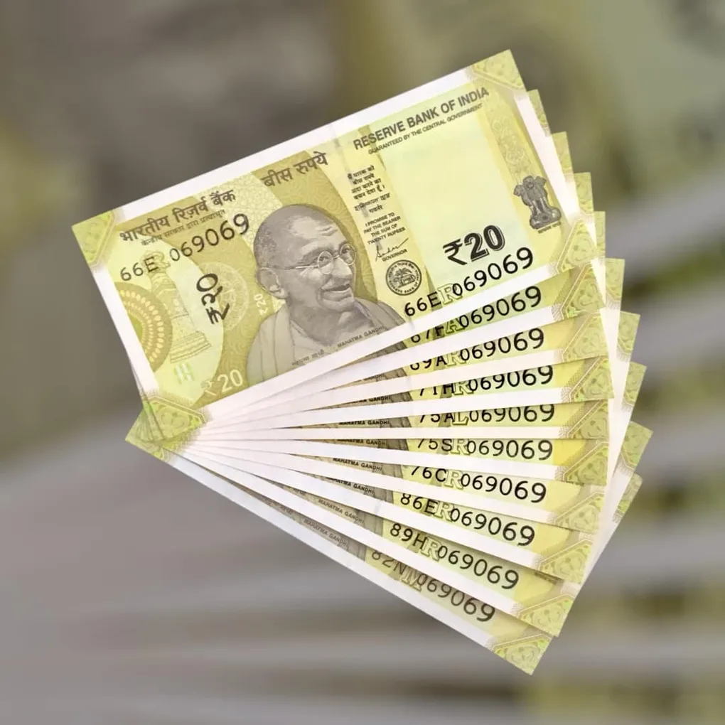 Rs 20 India Bank Note Semi Fancy 10 Note Same Number Sets 069069 Unique and Rare