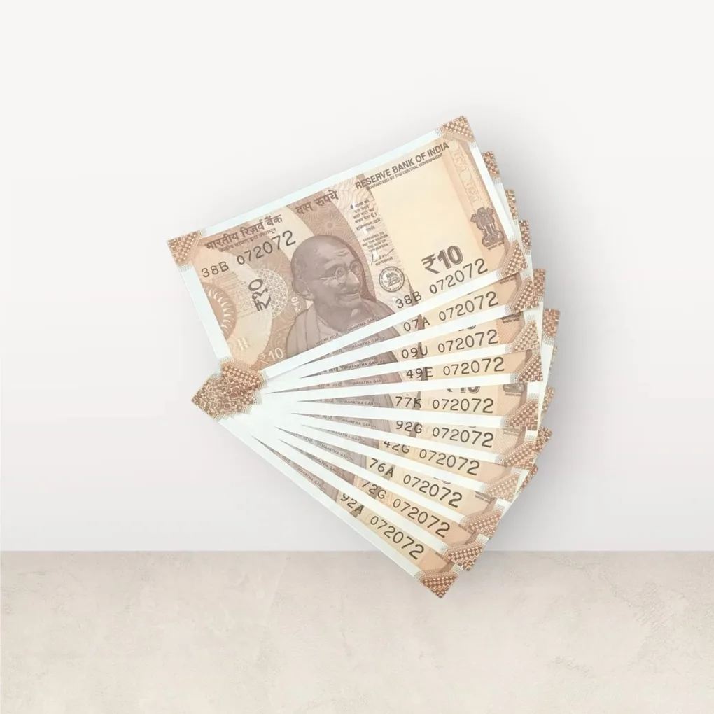 Rs 10/- India Bank Note Semi Fancy 10 Note Same Number Set 072072 Unique and Rare