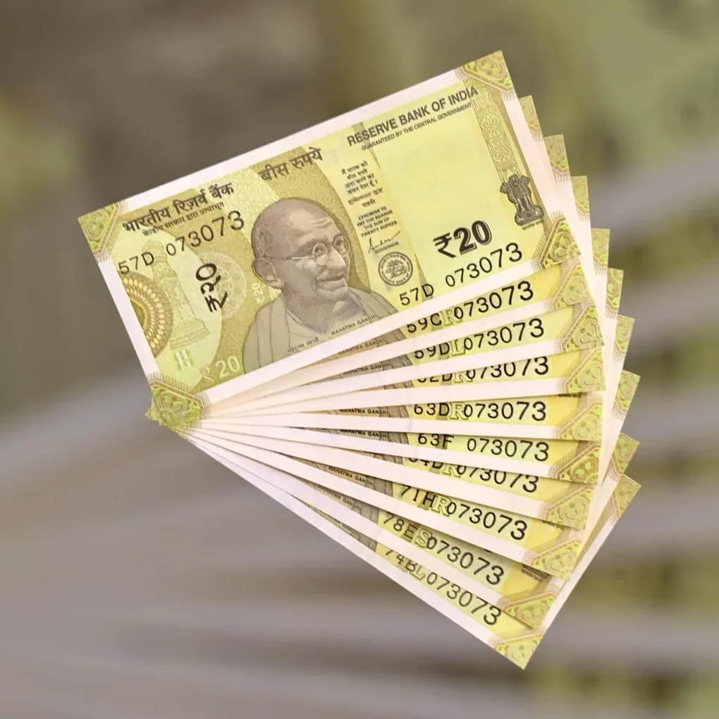 Rs 20 India Bank Note Semi Fancy 10 Note Same Number Sets 073073 Unique and Rare