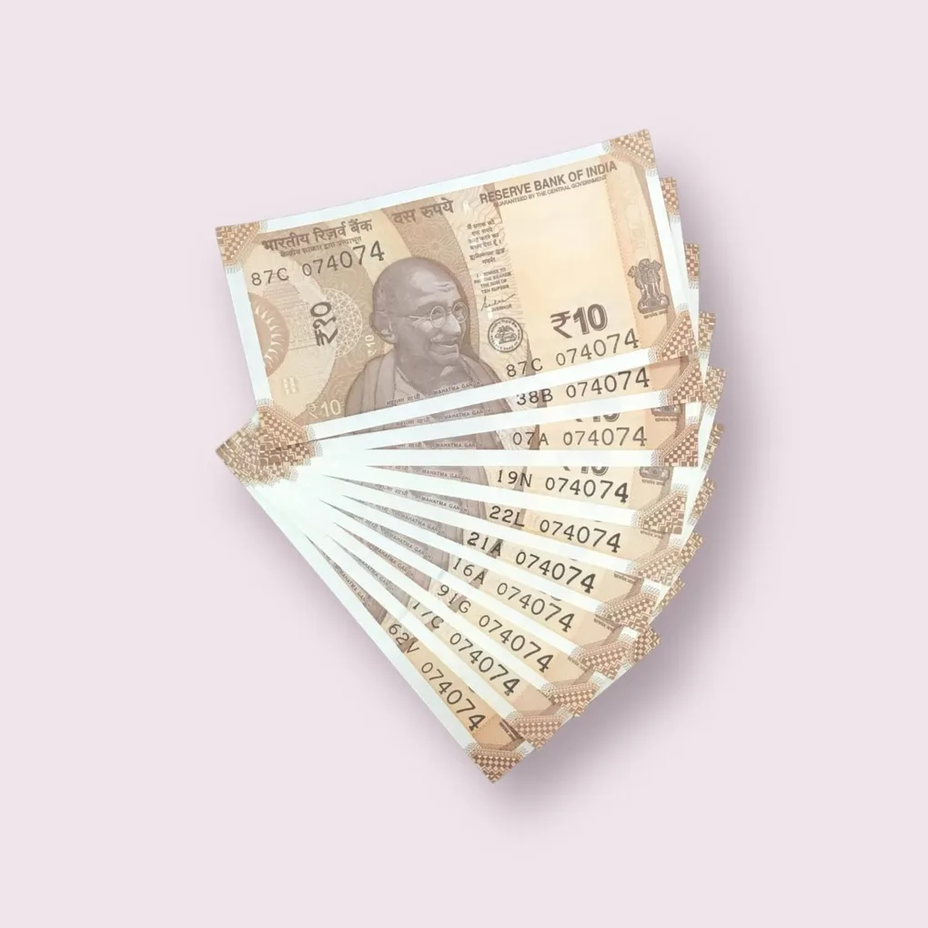 Rs 10/- India Bank Note Semi Fancy 10 Note Same Number Set 074074 Unique and Rare