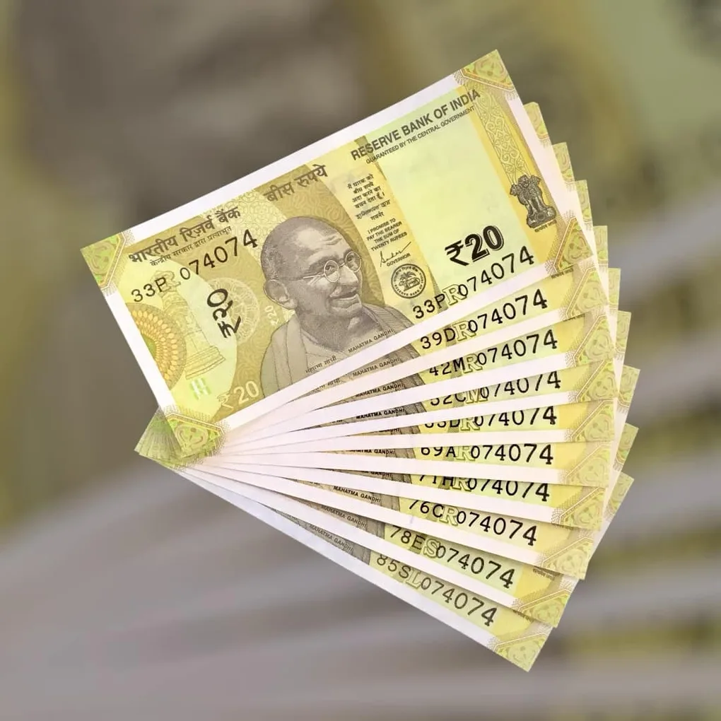 Rs 20 India Bank Note Semi Fancy 10 Note Same Number Sets 074074 Unique and Rare