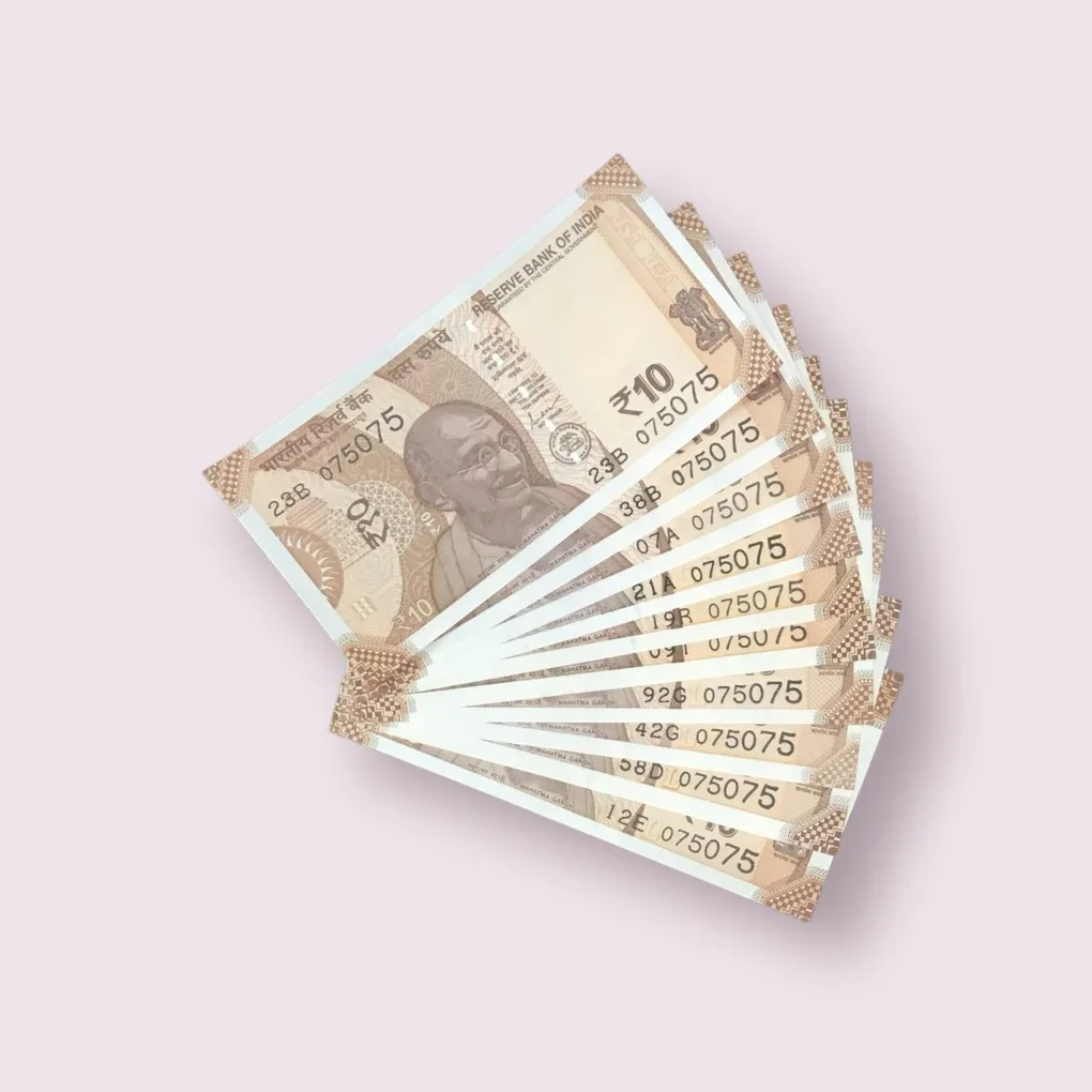 Rs 10/- India Bank Note Semi Fancy 10 Note Same Number Set 075075 Unique and Rare
