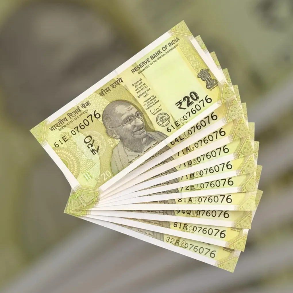 Rs 20 India Bank Note Semi Fancy 10 Note Same Number Sets 076076 Unique and Rare