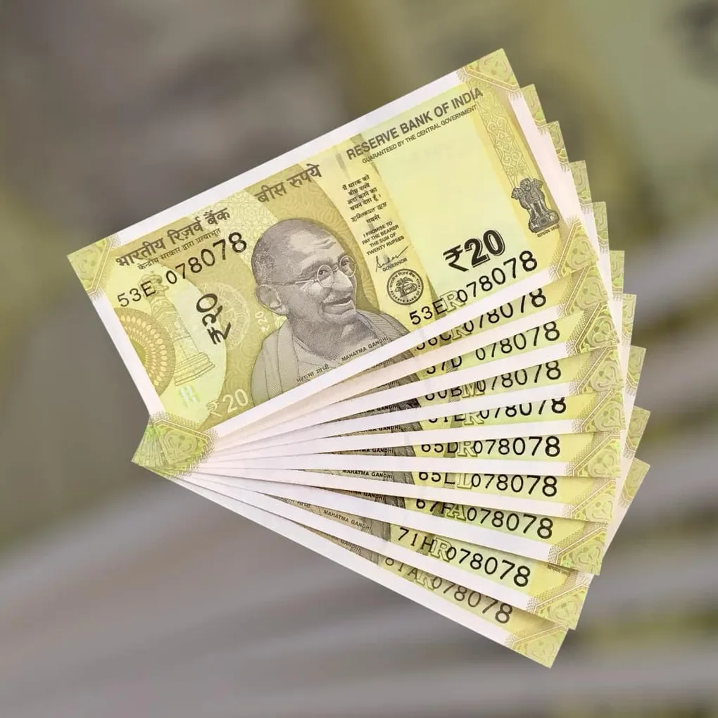 Rs 20 India Bank Note Semi Fancy 10 Note Same Number Sets 078078 Unique and Rare
