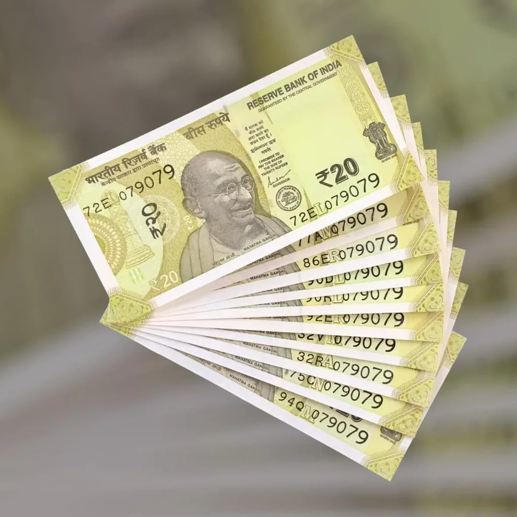 Rs 20 India Bank Note Semi Fancy 10 Note Same Number Sets 079079 Unique and Rare