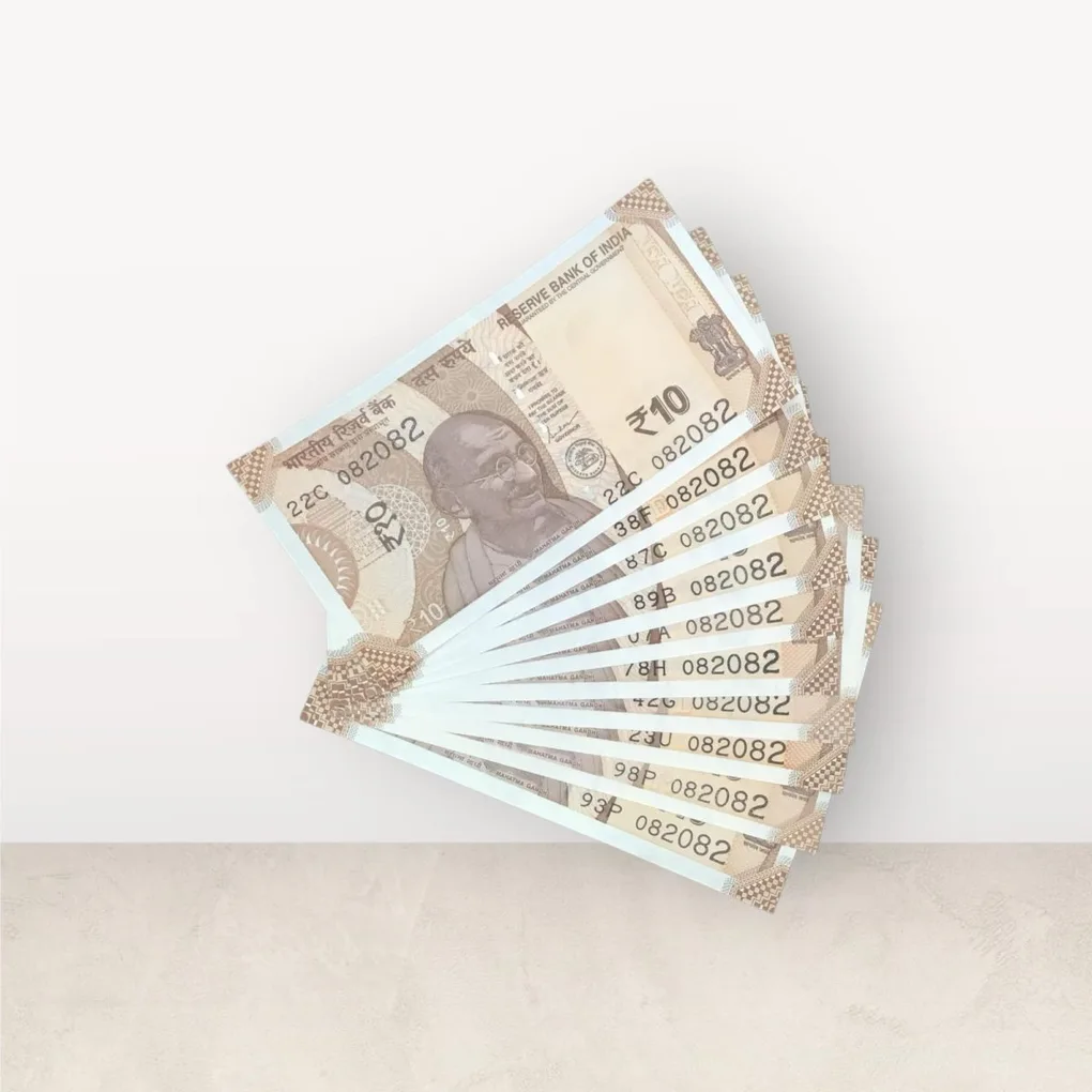 Rs 10/- India Bank Note Semi Fancy 10 Note Same Number Set 082082 Unique and Rare