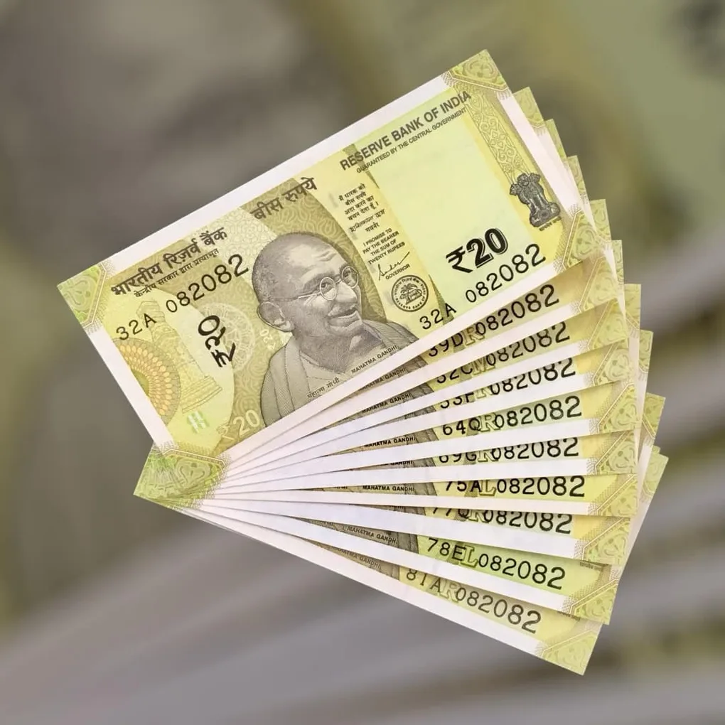 Rs 20 India Bank Note Semi Fancy 10 Note Same Number Sets 082082 Unique and Rare
