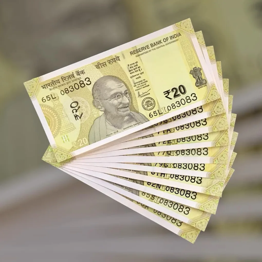 Rs 20 India Bank Note Semi Fancy 10 Note Same Number Sets 083083 Unique and Rare