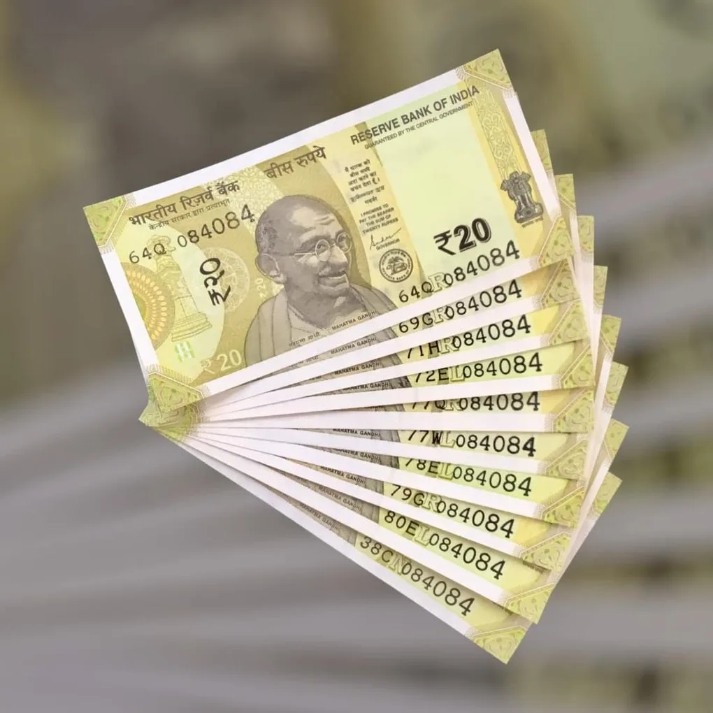 Rs 20 India Bank Note Semi Fancy 10 Note Same Number Sets 084084 Unique and Rare