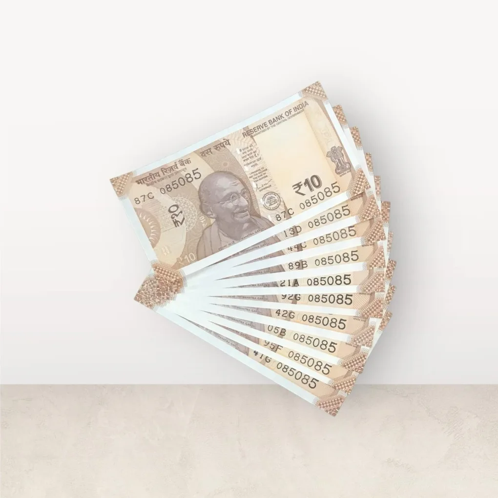 Rs 10/- India Bank Note Semi Fancy 10 Note Same Number Set 085085 Unique and Rare