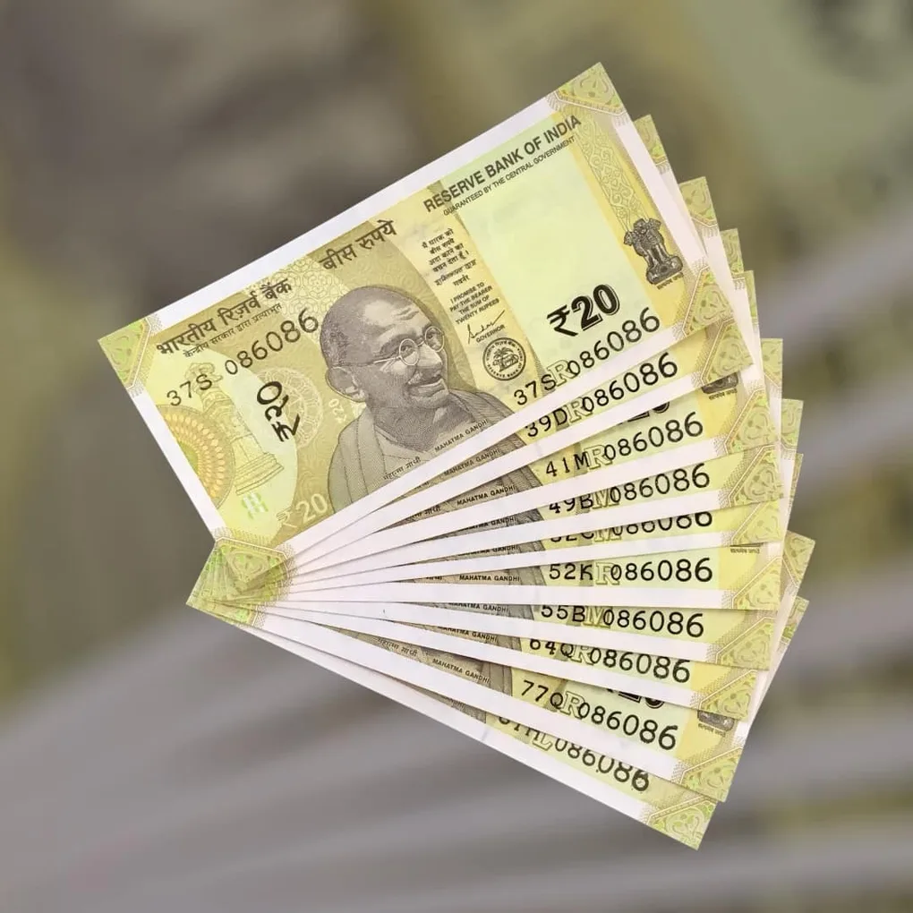 Rs 20 India Bank Note Semi Fancy 10 Note Same Number Sets 086086 Unique and Rare