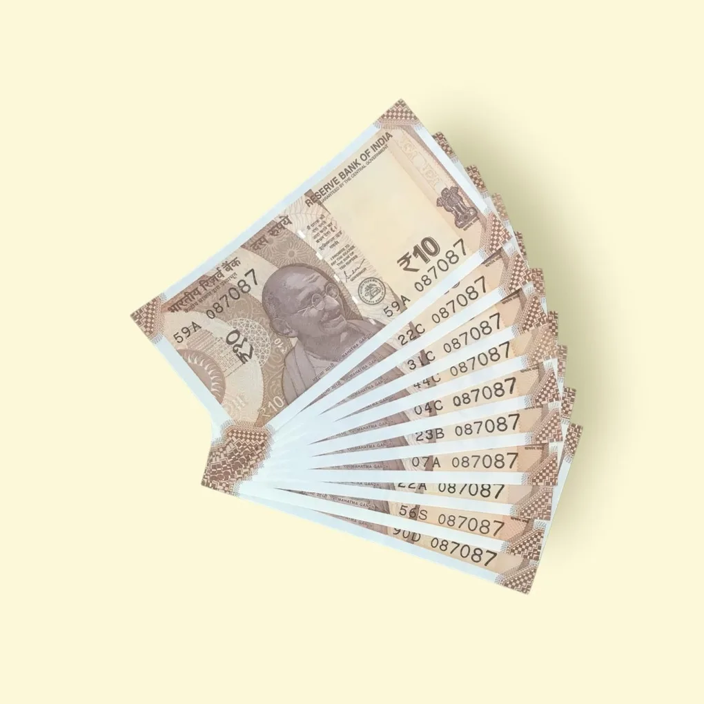 Rs 10/- India Bank Note 10 Note Same Number Set 087087 GEM UNC