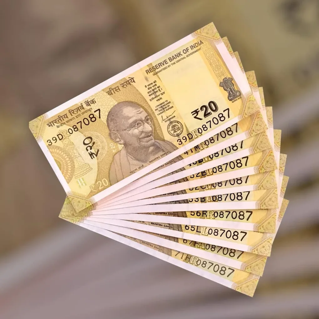Rs 20 India Bank Note Semi Fancy 10 Note Same Number Sets 087087 Unique and Rare