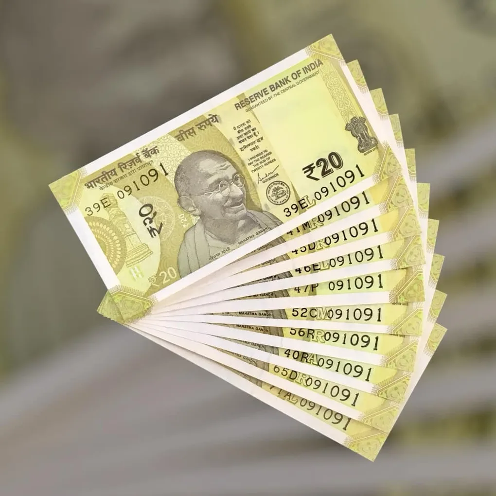 Rs 20 India Bank Note Semi Fancy 10 Note Same Number Sets 091091 Unique and Rare