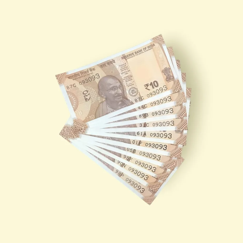 Rs 10/- India Bank Note 10 Note Same Number Set 093093 GEM UNC