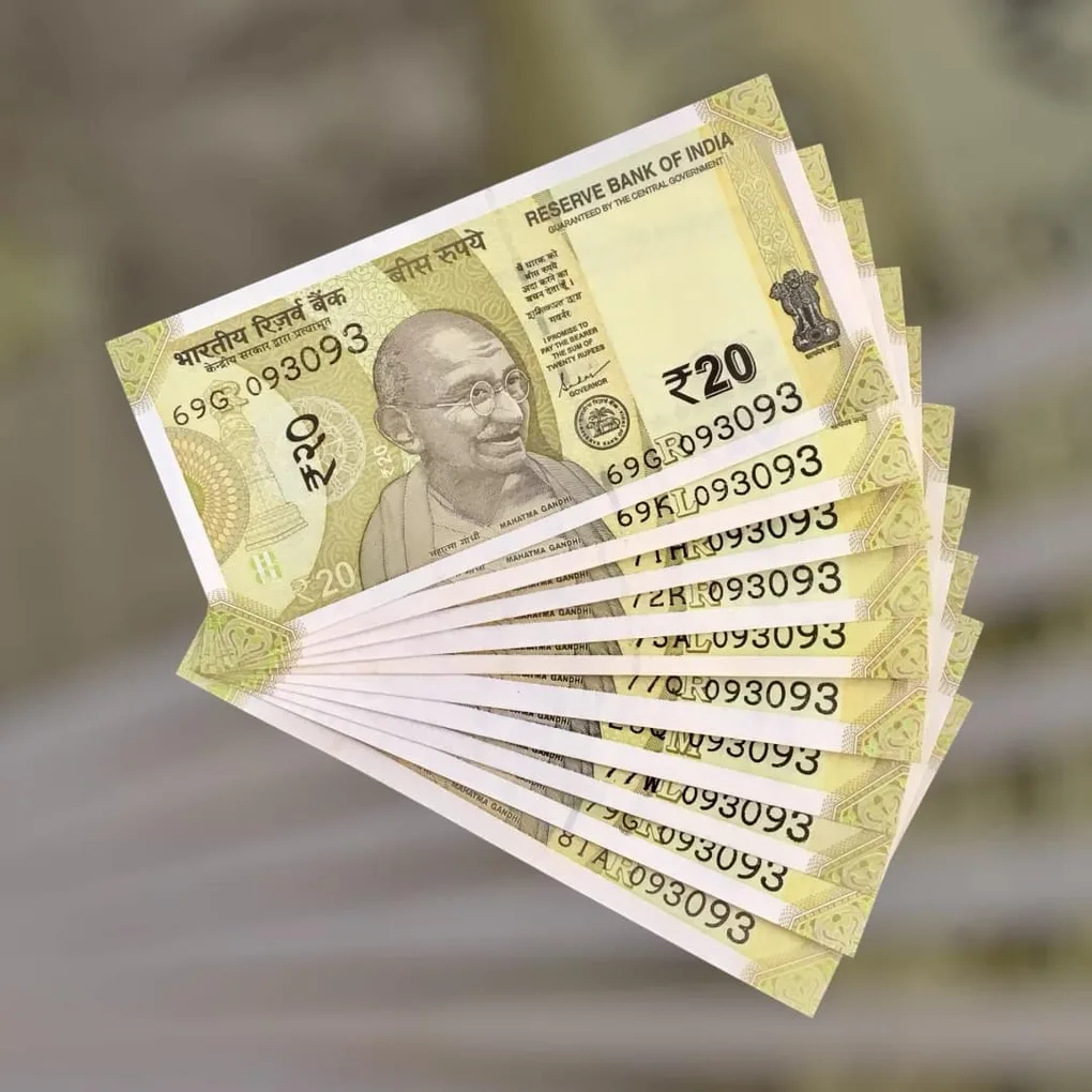 Rs 20 India Bank Note Semi Fancy 10 Note Same Number Sets 093093 Unique and Rare