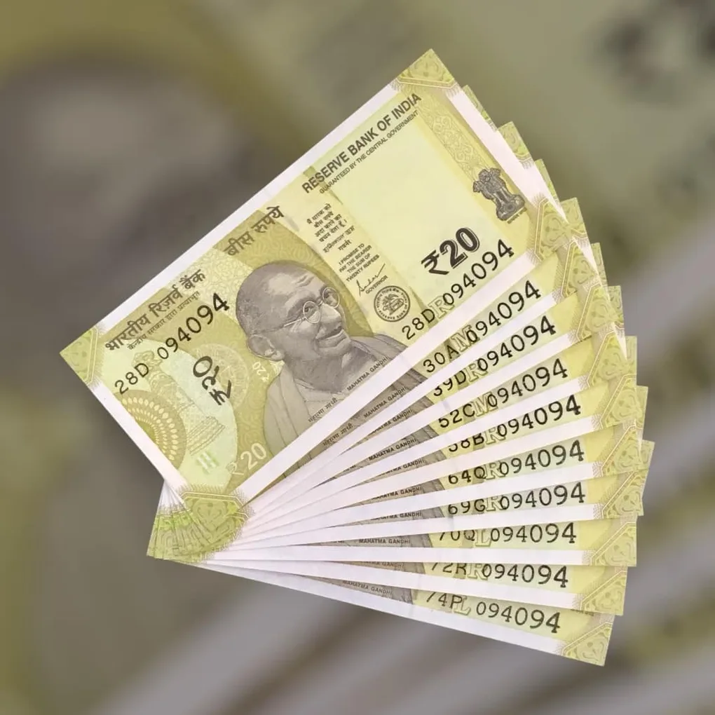Rs 20 India Bank Note Semi Fancy 10 Note Same Number Sets 094094 Unique and Rare