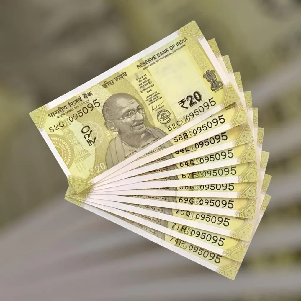Rs 20 India Bank Note Semi Fancy 10 Note Same Number Sets 095095 Unique and Rare