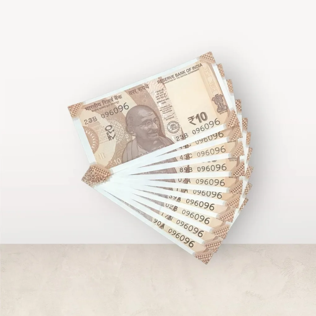 Rs 10/- India Bank Note Semi Fancy 10 Note Same Number Set 096096 Unique and Rare
