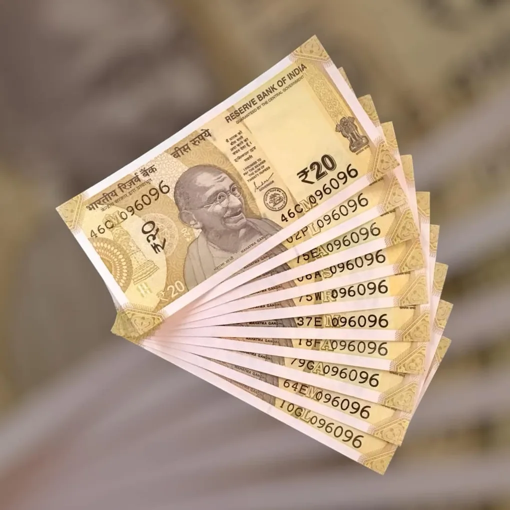 Rs 20 India Bank Note Semi Fancy 10 Note Same Number Sets 096096 Unique and Rare
