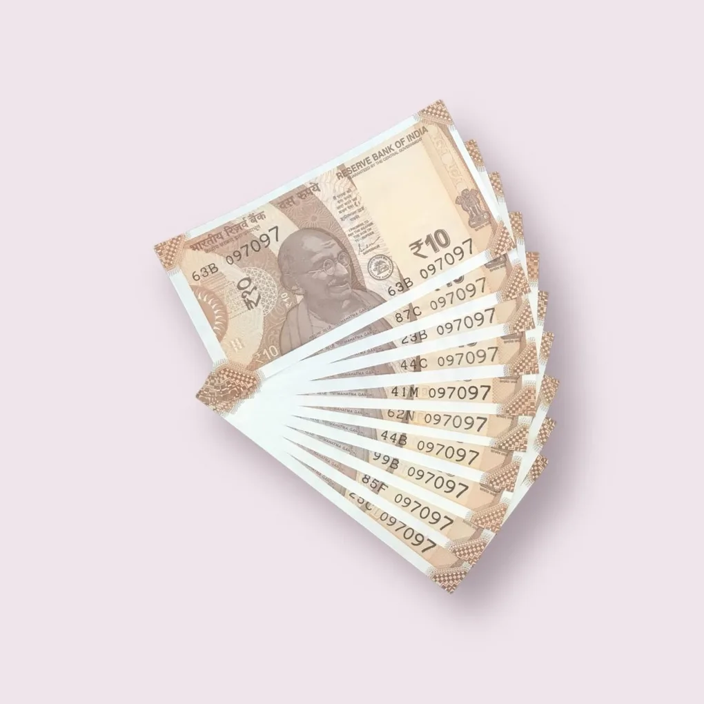 Rs 10/- India Bank Note Semi Fancy 10 Note Same Number Set 097097 Unique and Rare