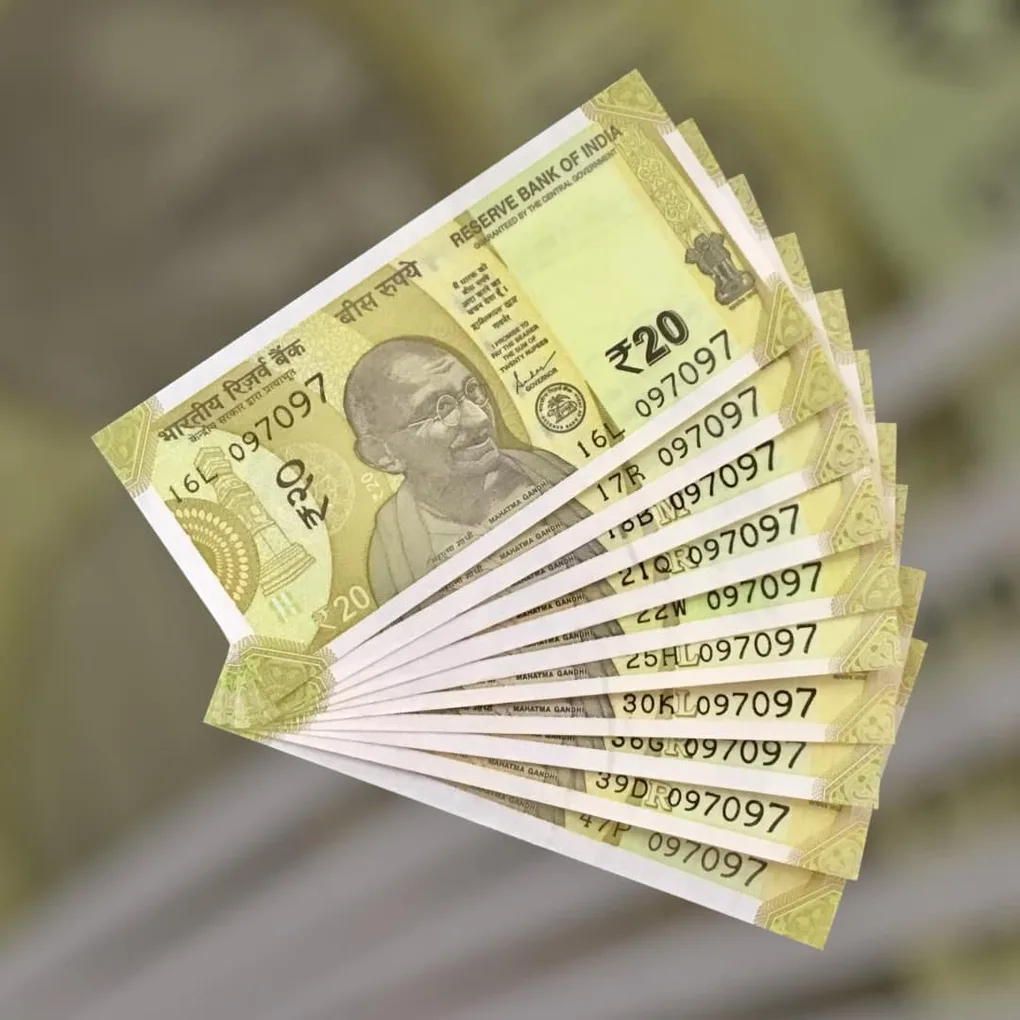 Rs 20 India Bank Note Semi Fancy 10 Note Same Number Sets 097097 Unique and Rare