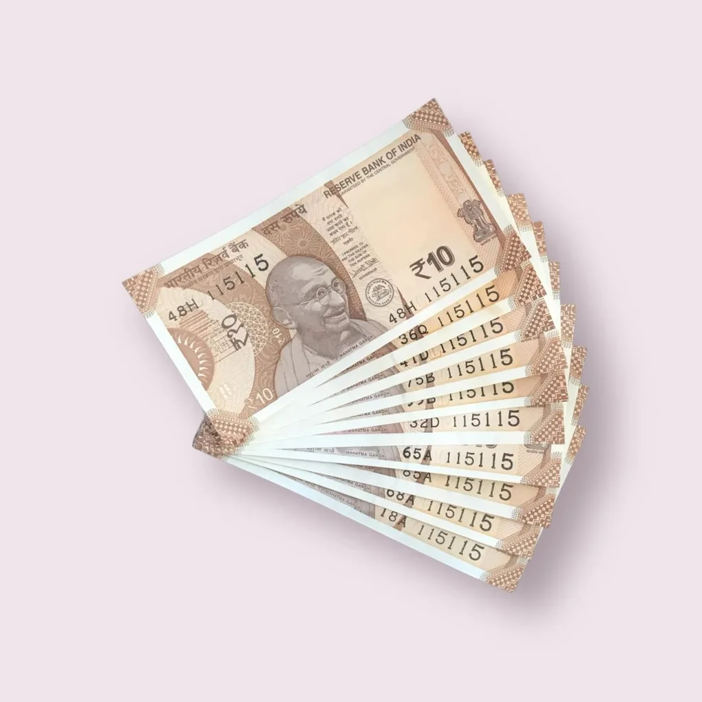 Rs 10/- India Bank Note Semi Fancy 10 Note Same Number Set 115115 Unique and Rare